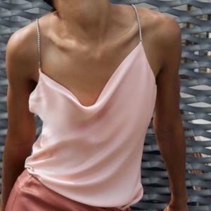 Zara Pink Satin Cowl Neck Cami Top with Rhinestone Straps